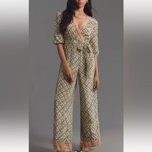 Cream and Tan V-Neck Jumpsuit with Geometric Print